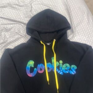 Black Hoodie with Multicolor Logo and Yellow Strings
